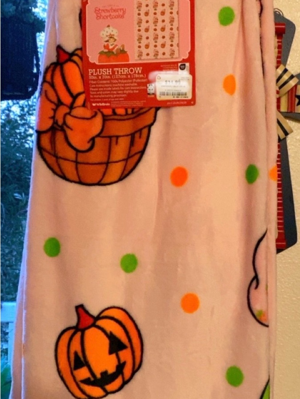 Strawberry Shortcake Pink Plush Throw Blanket with Pumpkin & Dots